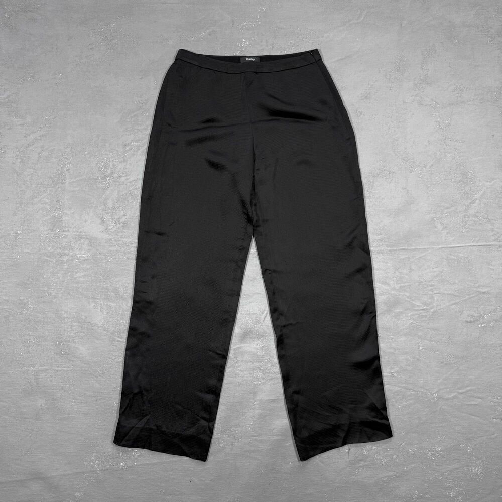 Theory PJ Pant Straight Leg Trouser in Black Hammered Viscose Women's Size 0